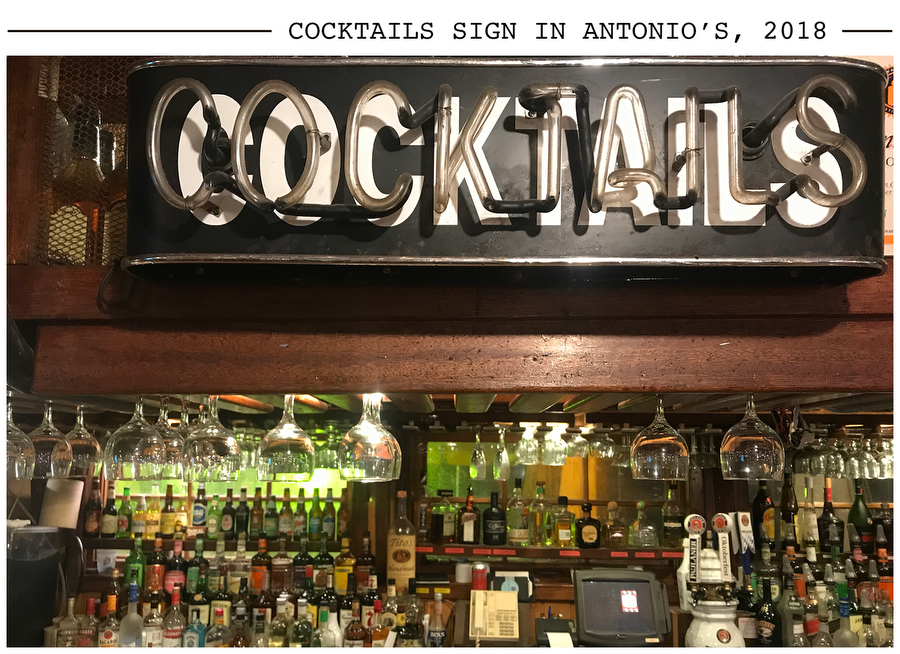 Cocktails Sign in Antonio's, 2018 postcard photo